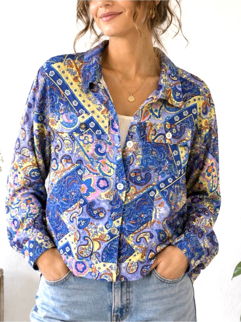 LH Sport Vibrant Patchwork Paisley Lightweight Denim Jacket / Shacket - Large